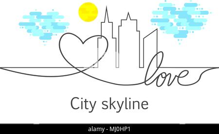Silhouette of the city and heart and love and sun and cloud in continuous drawing lines in a flat style. Modern urban landscape. Vector illustrations. City skyscrapers building office horizon.Continuous line drawing Stock Vector