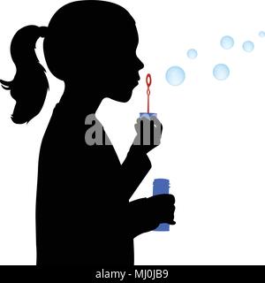 little girl blowing soap bubbles silhouette - vector Stock Vector