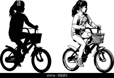 preschooler girl riding bicycle sketch and silhouette - vector Stock Vector