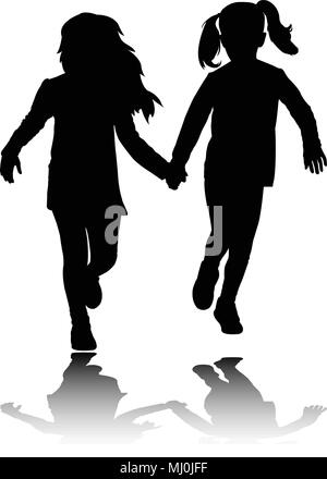 two preschooler girls holding hands and running silhouettes - vector Stock Vector