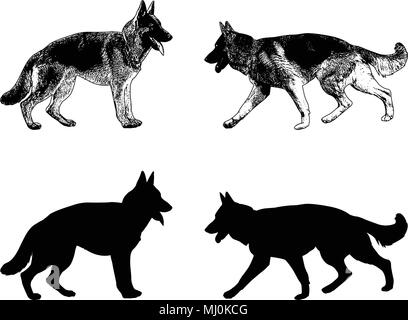 german shepherd dog silhouette and sketch - vector Stock Vector
