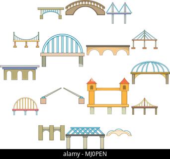 Bridge construction icons set, cartoon style Stock Vector