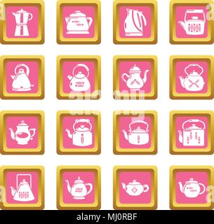Teapot icons set pink square vector Stock Vector