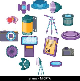 Photo studio icons set, cartoon style Stock Vector
