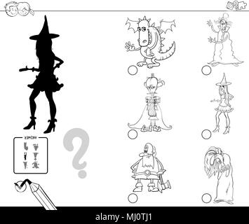 Black and White Cartoon Illustration of Finding the Shadow without Differences Educational Activity for Children with Fairy Tale Characters Coloring B Stock Vector