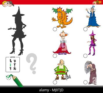 Cartoon Illustration of Finding the Shadow without Differences Educational Activity for Children with Fairy Tale Characters Stock Vector
