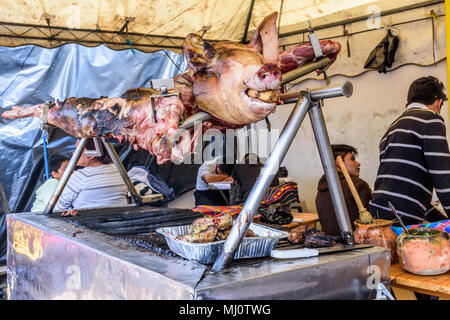 Santiago Sacatepequez, Guatemala - November 1, 2017: Whole roasted pig on spit at streetside food stall during giant kite festival on All Saints' Day Stock Photo