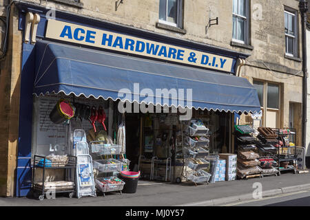 Traditional / retro style hardware store in the centre of the Cotswold town of Winchcombe, Gloucestershire. Stock Photo
