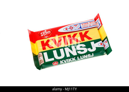 Trondheim, Norway - March 23 2015: One Norwegian Kvikk Lunsj (Quick lunch) package market by the Freja brand. It is confection and contains a bar of w Stock Photo