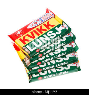 Trondheim, Norway - March 23, 2015: A stack of five Norwegian Kvikk Lunsj (Quick lunch) packages market by the Freja brand. It is confection and conta Stock Photo