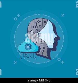 robotic head and cloud storage over blue background, colorful design. vector illustration Stock Vector