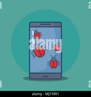 smartphone with virus bugs over turquoise background, colorful design. vector illustration Stock Vector