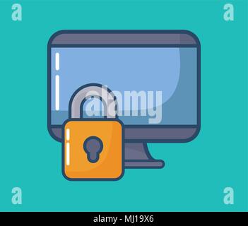 comptuer and padlock over turquoise background, colorful design. vector illustration Stock Vector