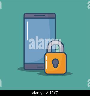 smartphone and padlock over turquoise background, colorful design. vector illustration Stock Vector
