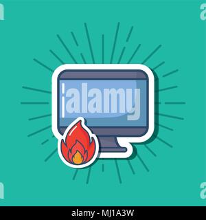 cyber security design with computer and fire flame  over turquoise background, colorful design. vector illustration Stock Vector