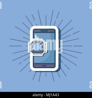cyber security design with smartphone and computer chip over blue background, colorful design. vector illustration Stock Vector