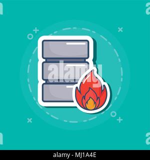 data server and fire flame over turquoise  background, colorful design. vector illustration Stock Vector