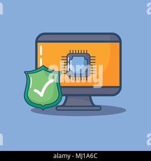 cyber security design with computer and green shield  over blue background, colorful design. vector illustration Stock Vector