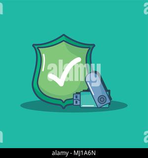 security shield and usb over turquoise background, colorful design. vector illustration Stock Vector
