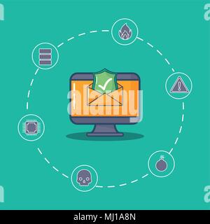 cyber security design with computer and related icons around over turquoise background, colorful design. vector illustration Stock Vector