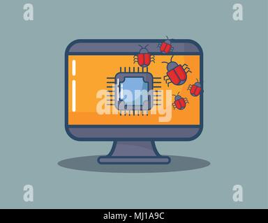 cyber security design with computer with chip and virus bugs over gray background, colorful design. vector illustration Stock Vector