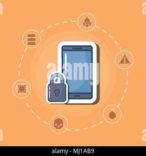 cyber security design with smartphone and padlock over orange background, colorful design. vector illustration Stock Vector