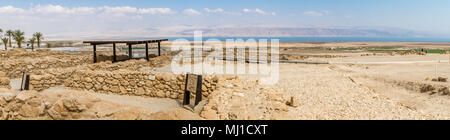 Qumran National Park, where the dead sea scrolls were found and there was a settlement essenes in Judaean desert near Dead Sea, Israel Stock Photo