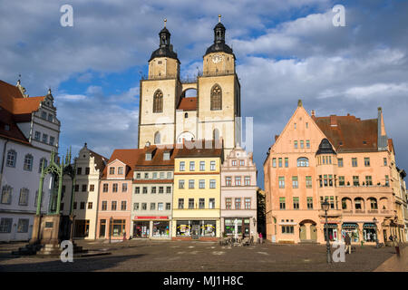 WITTENBERG, GERMANY - APRIL 26, 2018: View on the market square with town hall and Stadtkirche Wittenberg in Lutherstadt Wittenberg city, Saxeny-Anhal Stock Photo