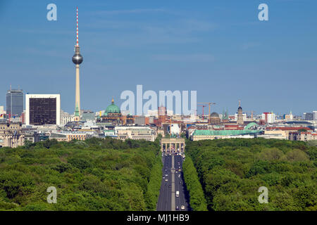 View over Berlin with it's TV tower and the Brandenburg Gate from the Berlin Victory Column. Stock Photo