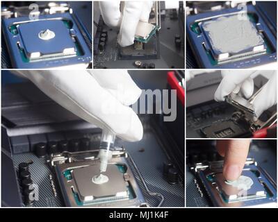CPU with thermal paste. Computer repair. Collage Stock Photo