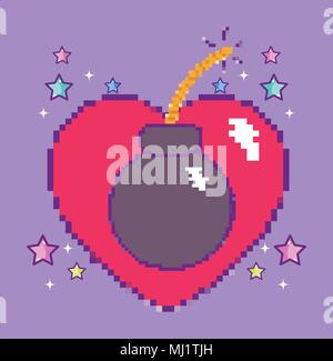 Pixelated videogame heart with bomb Stock Vector