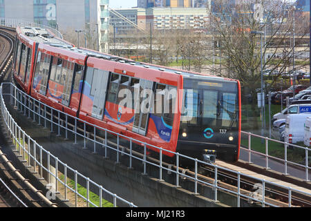DLR train approaching Prince Regent station in Canning Town, east London, England, UK Stock Photo