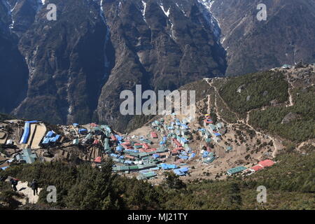 Round village of Namche Bazaar, Nepal Stock Photo