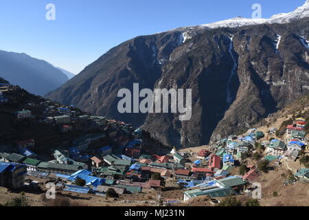 View of Namche Bazaar from an elevated position Stock Photo