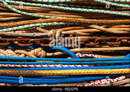 Fishing nets stacked in foreground  Fishermans Terminal, Bellingham waterfront Stock Photo