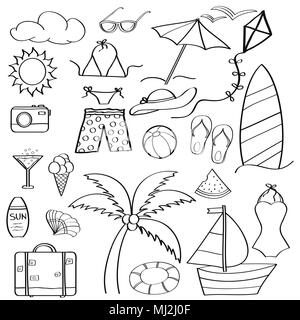 Doodle cartoon items summer holiday collection  For coloring. Vector Stock Vector