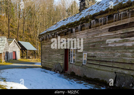 Early spring at  Hordamuseet open air museum at Stend, by the Fana fjord, Norway. Old building styles from Hordaland and west coast Norway Stock Photo