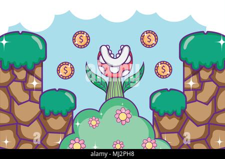 Pixelated retro videogame scenery Stock Vector