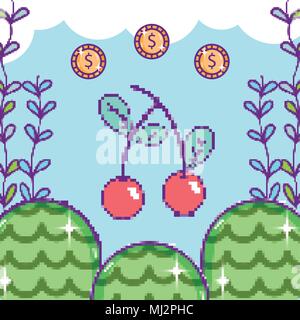 Pixelated retro videogame scenery Stock Vector