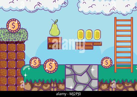 Pixelated retro videogame scenery Stock Vector