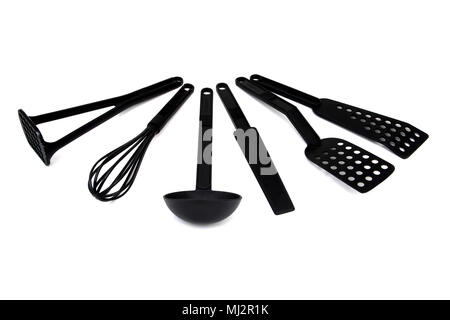 Set of Black Plastic Kitchen Utensils Stock Photo
