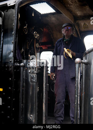 Inside the cab footplate of the steam train, The Dalesman, 48151, Carnforth to Carlisle West Coast line Stock Photo