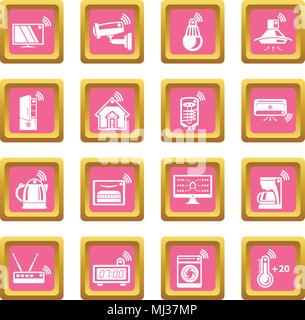 Smart home icons set pink square vector Stock Vector