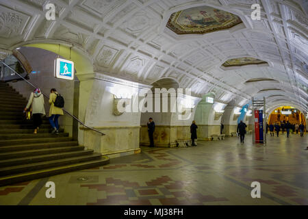 MOSCOW, RUSSIA- APRIL, 29, 2018: Belorusskaya subway station in Moscow, Russia. The station is on the Koltsevaya Line of the Moscow Metro and opened in 1952 Stock Photo