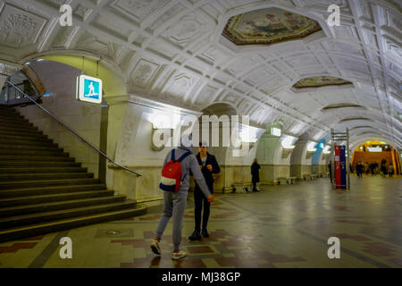 MOSCOW, RUSSIA- APRIL, 29, 2018: Belorusskaya subway station in Moscow, Russia. The station is on the Koltsevaya Line of the Moscow Metro and opened in 1952 Stock Photo