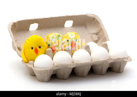 eggs and chickens of handwork in an eco-friendly cell Stock Photo