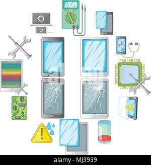 Broken phones fix icons set, cartoon style Stock Vector