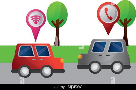 red and gray cars on street with mobile gps navigation pins vector illustration Stock Vector