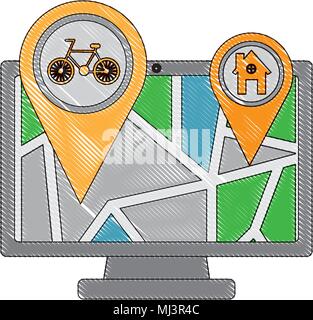 computer with map gps navigation bike route and home pointers vector ...