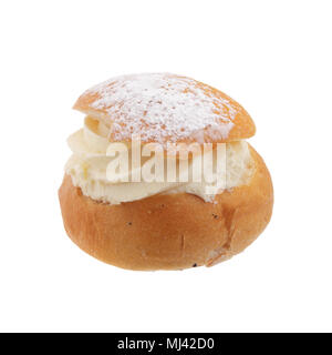 Semla, also called Shrove Bun, fettisdagsbulle consists of light wheat bread with almond paste and whipped cream filling. Serve it with hot milk calle Stock Photo